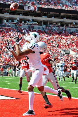 COLUMBUS, OH - SEPTEMBER 18:  Terrence McCrae #11of the Ohio Bobcats catches a touchdown pass in the fourth quarter as Corey Brown #3 of the Ohio State Buckeyes defends at Ohio Stadium on September 18, 2010 in Columbus, Ohio. Ohio State defeated Ohio 43-7