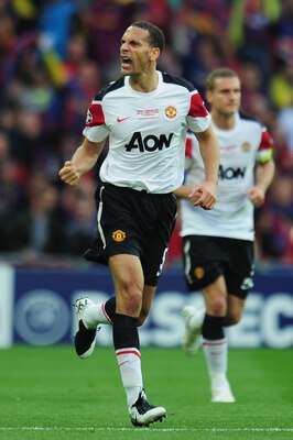 LONDON, ENGLAND - MAY 28:  Rio Ferdinand of Manchester United celebrates as teammate Wayne Rooney (not pictured) scores the equalising goal during the UEFA Champions League final between FC Barcelona and Manchester United FC at Wembley Stadium on May 28, 