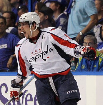 TAMPA, FL - MAY 03:  Alex Ovechkin #8 of the Washington Capitals scores a power play goal at 17:27 of the second period against the Tampa Bay Lightning in Game Three of the Eastern Conference Semifinals during the 2011 NHL Stanley Cup Playoffs at St Pete
