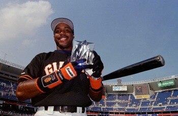 7 Jul 1996:  Barry Bonds of the San Francisco Giants holds up his winner''s trophy after winning the Home Run Derby at Veterans Stadium in Philadelphia, Pennsylvania,  in the run-up to the Major League Baseball All Star Game. Mandatory Credit: Al Bello/Al