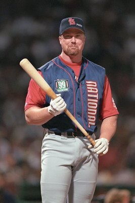 BOSTON - JULY 12:  Mark McGwire participates in the 1999 All -Star Game Home Run Derby at Fenway Park on July 12, 1999 in Boston, Massachusetts. (Photo by Brian Bahr/Getty Images)