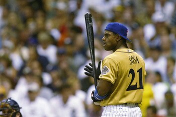MILWAUKEE, WI - JULY 8:  Rightfielder Sammy Sosa of the Chicago Cubs waits to compete in the MLB All-Star Game Home Run Derby on July 8, 2002 at Miller Park in Milwaukee, Wisconsin.  (Photo By Andy Lyons/Getty Images)