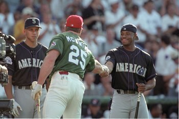 DENVER - JULY 6:  Alex Rodriguez, Mark McGwire and Ken Griffey Jr. participate in the Home Run Derby prior to the 69th MLB All-Star Game at Coors Field on July 6, 1998 in Denver, Colorado. (Photo by Brian Bahr/Getty Images)