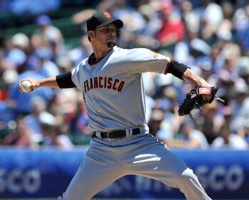 CHICAGO, IL - JUNE 28:  Ryan Vogelsong  # 32 of the San Francisco Giants pitches against the Chicago Cubs during the first game of a doubleheader on June 28, 2011 at Wrigley Field in Chicago, Illinois.  (Photo by David Banks/Getty Images)