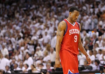 MIAMI, FL - APRIL 27:  Andre Iguodala #9 of the Philadelphia 76ers walks off the floor during game five of the Eastern Conference Quarterfinals in the 2011 NBA Playoffs against the Miami Heat at American Airlines Arena on April 27, 2011 in Miami, Florida.