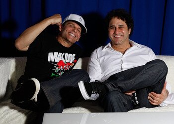 NEW YORK - JUNE 05:  Brothers Joe Maloof (L) and George Maloof pose for a portrait in the media lounge before the Maloof Money Cup on June 5, 2010 at Flushing Meadows Corona Park in the Flushing neighborhood of the Queens borough of New York City.  (Photo