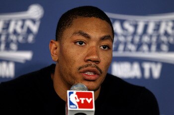 CHICAGO, IL - MAY 26:  Derrick Rose #1 of the Chicago Bulls answers questions from the media following the Bulls 83-80 loss against the Miami Heat in Game Five of the Eastern Conference Finals during the 2011 NBA Playoffs on May 26, 2011 at the United Cen