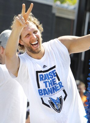 DALLAS, TX - JUNE 16: Forward Dirk Nowitzki of the Dallas Mavericks  during the Dallas Mavericks Victory Parade on June 16, 2011 in Dallas, Texas. (Photo by Brandon Wade/Getty Images)