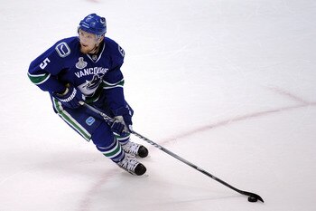 VANCOUVER, BC - JUNE 10:  Christian Ehrhoff #5 of the Vancouver Canucks skates during Game Five of the 2011 NHL Stanley Cup Final at Rogers Arena on June 10, 2011 in Vancouver, British Columbia, Canada.  (Photo by Harry How/Getty Images)