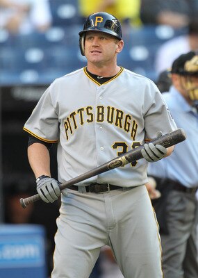 TORONTO, CANADA - JUNE 29:  Lyle Overbay #37 of the Pittsburgh Pirates doesn't like a third strike call against the Toronto Blue Jays in an MLB interleague game on June 29, 2011 at the Rogers Centre in Toronto, Canada. (Photo by Claus Andersen/Getty Image