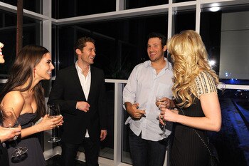 DALLAS, TX - FEBRUARY 05:  (L-R) Actress Jessica Lowndes, actor Matthew Morrison, Dallas Cowboys Quarterback Tony Romo and television personality Candice Crawford attend a private dinner hosted by Audi during Super Bowl XLV Weekend at the Audi Forum Dalla