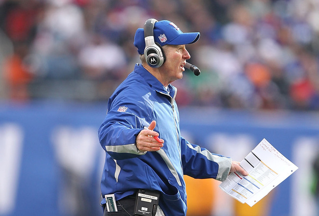 EAST RUTHERFORD, NJ - DECEMBER 19:  Head Coach Tom Coughlin of the New York Giants reacts against the Philadelphia Eagles during their game on December 19, 2010 at The New Meadowlands Stadium in East Rutherford, New Jersey.  (Photo by Al Bello/Getty Image