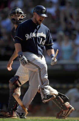 MINNEAPOLIS, MN - JULY 3: Casey McGehee #14 of the Milwaukee Brewers snaps his bat after striking out for the final out of the game against the Minnesota Twins on July 3, 2011 at Target Field in Minneapolis, Minnesota. The Twins defeated the Brewers 9-7.