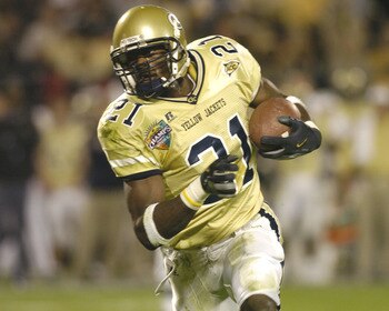 Georgia Tech wide receiver Calvin Johnson  rushes upfield against Syracuse  in the Champs Sports Bowl at the Florida Citrus Bowl, Orlando, Florida Dec 21, 2004.  Georgia Tech defeated Syracuse. (Photo by A. Messerschmidt/Getty Images)