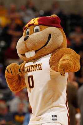 INDIANAPOLIS - MARCH 11:  Goldy Gopher, mascot of the Minnesota Golden Gophers performs during the game against the Penn State Nittany Lion in the first round of the Big Ten Men's Basketball Tournament at Conseco Fieldhouse on March 11, 2010 in Indianapol