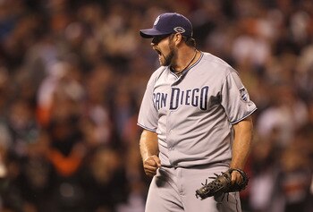 SAN FRANCISCO, CA - JULY 05:  Heath Bell #21 of the San Diego Padres celebrates after defeating the San Francisco Giants at AT&T Park on July 5, 2011 in San Francisco, California.  (Photo by Jed Jacobsohn/Getty Images)