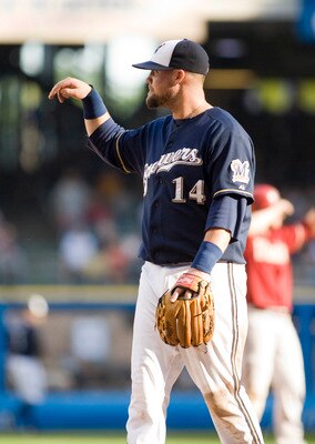 MILWAUKEE, WISCONSIN - JULY 4:  Casey McGehee, #14 of the Milwaukee Brewers reminds his teammates to play sharp as they trailed the Arizona Diamondbacks 80-6 in the 9th inning of their game at Miller Park on July 4, 2011 in Milwaukee, WI. The Diamondbacks
