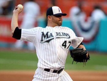 MIAMI GARDENS, FL - JULY 04:  Pitcher Ricky Nolasco #47 of the Florida Marlins throws against the Philadelphia Phillies at Sun Life Stadium on July 4, 2011 in Miami Gardens, Florida.  (Photo by Marc Serota/Getty Images)