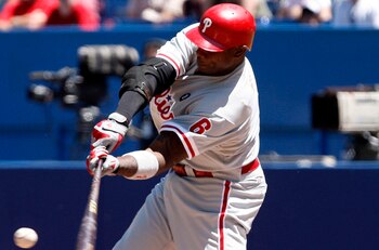TORONTO, CANADA - JULY 3: Ryan Howard #6 of the Philadelphia Phillies hits during MLB action against the Toronto Blue Jays at The Rogers Centre July 3, 2011 in Toronto, Ontario, Canada. (Photo by Abelimages/Getty Images)