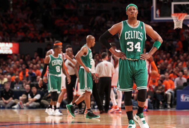 NEW YORK, NY - APRIL 24:  Paul Pierce #34 of the Boston Celtics looks on against the New York Knicks in Game Four of the Eastern Conference Quarterfinals during the 2011 NBA Playoffs on April 24, 2011 at Madison Square Garden in New York City. NOTE TO USE