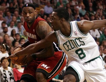 BOSTON, MA - MAY 07:  Jeff Green #8 of the Boston Celtics tries to get the ball from LeBron James #6 of the Miami Heat  in Game Three of the Eastern Conference Semifinals in the 2011 NBA Playoffs on May 7, 2011 at the TD Garden in Boston, Massachusetts.