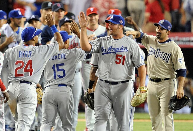 ANAHEIM, CA - JULY 13:  National League All-Star Marlon Byrd #24 of the Chicago Cubs, National League All-Star Rafael Furcal #15 of the Los Angeles Dodgers, National League All-Star Jonathan Broxton #51 of the Los Angeles Dodgers and National League All-S
