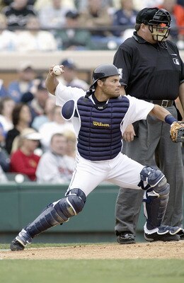 LAKELAND, FL - MARCH 3: Ivan Rodriquez #7 of the Detroit Tigers readies to throw to third base during a Spring Training game against the Cleveland Indians on March 3,2007 at Joker Marchant Stadium in Lakeland, Florida. (Photo by Rick Stewart/Getty Images)