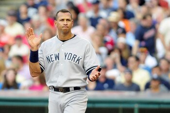CLEVELAND, OH - JULY 6: Alex Rodriguez #13 of the New York Yankees reacts after the end of the second inning against the Cleveland Indians at Progressive Field on July 6, 2011 in Cleveland, Ohio. The Indians defeated the Yankees 5-3 to take the series 2-1