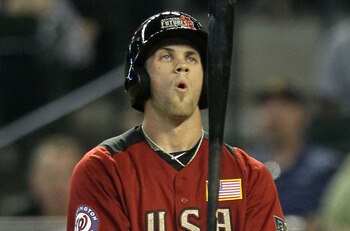 PHOENIX, AZ - JULY 10:  U.S. Futures All-Star Bryce Harper #34 of the Washington Nationals reacts during an at bat in the 2011 XM All-Star Futures Game at Chase Field on July 10, 2011 in Phoenix, Arizona.  (Photo by Jeff Gross/Getty Images)