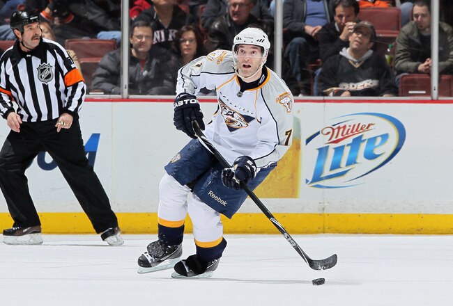 ANAHEIM, CA - JANUARY 05:  J.P. Dumont #71 of the Nashville Predators skates against the Anaheim Ducks at the Honda Center on January 5, 2011 in Anaheim, California.  (Photo by Jeff Gross/Getty Images)