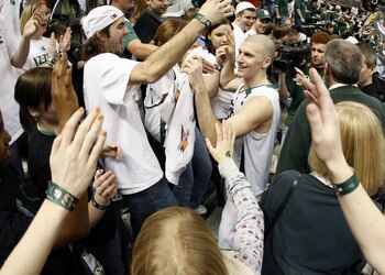 EAST LANSING, MI - MARCH 02:  Drew Neitzel #11 of the Michigan State Spartans thanks the fans after playing his last home game against the Indiana Hoosiers at the Breslin Center March 2, 2008 in East Lansing, Michigan. Michigan State won the game 103-74.