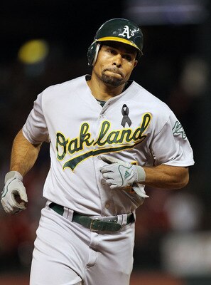 ARLINGTON, TX - JULY 09:  Coco Crisp #4 of the Oakland Athletics at Rangers Ballpark in Arlington on July 9, 2011 in Arlington, Texas.  (Photo by Ronald Martinez/Getty Images)