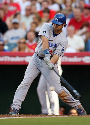 ANAHEIM, CA - JULY 03:  Andre Ethier #16 of the Los Angeles Dodgers grounds out in the top of the third inning during their MLB game against the Los Angeles Angels of Anaheim at Angel Stadium of Anaheim on July 3, 2011 in Anaheim, California.  (Photo by V