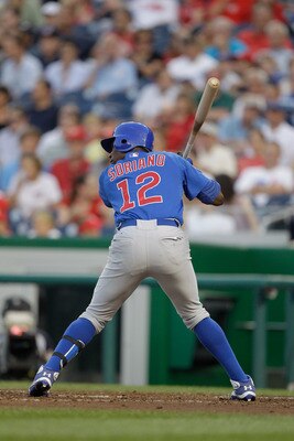 WASHINGTON, DC - JULY 06:  Alfonso Soriano #12 of the Chicago Cubs bats against the Washington Nationals at Nationals Park on July 6, 2011 in Washington, DC.  (Photo by Rob Carr/Getty Images)