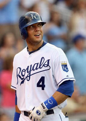 KANSAS CITY, MO - JULY 09:  Alex Gordon #4 of the Kansas City Royals watches a replay after hitting a three-run home run in the 3rd inning during the game against the Detroit Tigers on July 9, 2011 at Kauffman Stadium in Kansas City, Missouri.  (Photo by