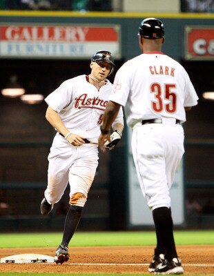 HOUSTON - JULY 02:  Hunter Pence #9 of the Houston Astros rounds third base after hitting a home run in the sixth inning against the Boston Red Sox at Minute Maid Park on July 2, 2011 in Houston, Texas.  (Photo by Bob Levey/Getty Images)