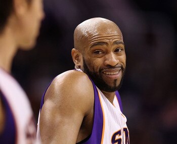 PHOENIX, AZ - FEBRUARY 17:  Vince Carter #25 of the Phoenix Suns reacts during the NBA game against the Dallas Mavericks at US Airways Center on February 17, 2011 in Phoenix, Arizona.  The Mavericks defeated the Suns 112-106.  NOTE TO USER: User expressly