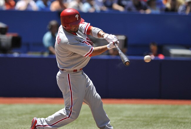 TORONTO, CANADA - JULY 1:  Shane Victorino #8 of the Philadelphia Phillies bats during MLB interleague game action against the Toronto Blue Jays July 1, 2011 at Rogers Centre in Toronto, Ontario, Canada. (Photo by Brad White/Getty Images)