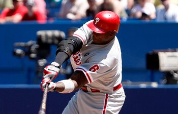 TORONTO, CANADA - JULY 3: Ryan Howard #6 of the Philadelphia Phillies hits during MLB action against the Toronto Blue Jays at The Rogers Centre July 3, 2011 in Toronto, Ontario, Canada. (Photo by Abelimages/Getty Images)