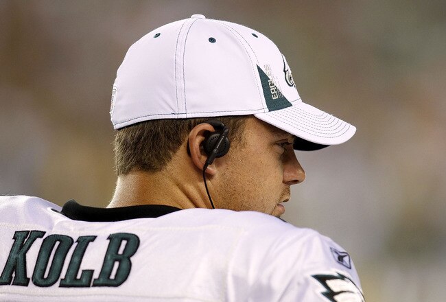 PHILADELPHIA - SEPTEMBER 02:  Kevin Kolb #4 of the Philadelphia Eagles stands on the sidelines during a preseason game against the New York Jets at Lincoln Financial Field on September 2, 2010 in Philadelphia, Pennsylvania.  (Photo by Jeff Zelevansky/Gett