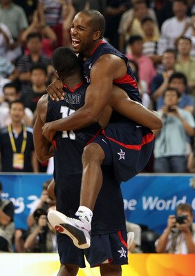 BEIJING - AUGUST 24:  Michael Redd #8 and Dwight Howard #11 of the United States celebrate after defeating Spain 118-107 in the gold medal game during Day 16 of the Beijing 2008 Olympic Games at the Beijing Olympic Basketball Gymnasium on August 24, 2008