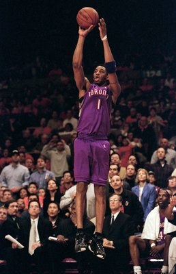 23 Apr 2000:  Tracy McGrady #1 of the Toronto Raptors makes a jump shot during the NBA Eastern Conference Round One Game against the New York Knicks at Madison Square Garden in New York New York. The Knicks defeated the Raptors 92-88 .   Mandatory Credit: