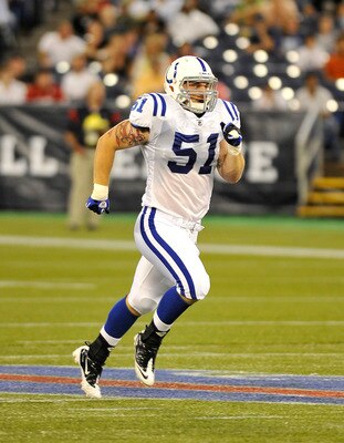 TORONTO, CANADA - AUGUST 19: Pat Angerer #51 of the Indianapolis Colts runs up field during game action against the Buffalo Bills on August 19, 2010 at the Rogers Centre in Toronto, Ontario, Canada. (Photo by Brad White/Getty Images)