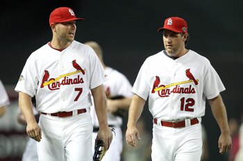 PHOENIX, AZ - JULY 12:  National League All-Star Matt Holliday #7 of the St. Louis Cardinals and National League All-Star Lance Berkman #12 of the St. Louis Cardinals talk in the field during batting practice before the start of the 82nd MLB All-Star Game