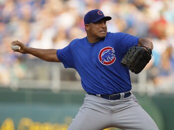 KANSAS CITY, MO - JUNE 25:  Starting pitcher Carlos Zambrano #38 of the Chicago Cubs throws against the Kansas City Royals at Kauffman Stadium on June 25, 2011 in Kansas City, Missouri. (Photo by Ed Zurga/Getty Images)