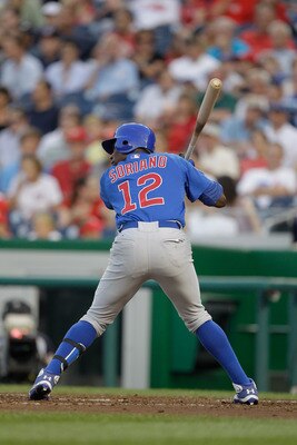 WASHINGTON, DC - JULY 06:  Alfonso Soriano #12 of the Chicago Cubs bats against the Washington Nationals at Nationals Park on July 6, 2011 in Washington, DC.  (Photo by Rob Carr/Getty Images)