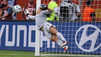 DRESDEN, GERMANY - JULY 10:  Hope Solo, goalkeeper of USA  saves a penalty during penalty shoot out during the FIFA Women's World Cup 2011 Quarter Final match between Brazil and USA at Rudolf-Harbig-Stadion on July 10, 2011 in Dresden, Germany.  (Photo by