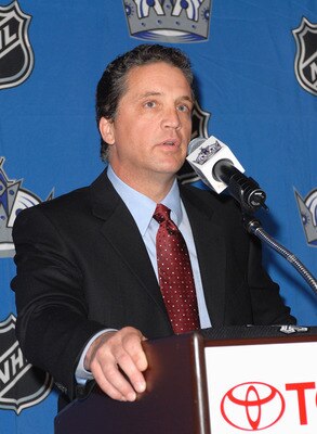 EL SEGUNDO, CA - JULY 5:  General Manager Dean Lombardi of the Los Angeles Kings speaks to the media during the press announcement that former Los Angeles Kings defenseman Rob Blake has agreed to a two-year contract with the team on July 5, 2006 at the To