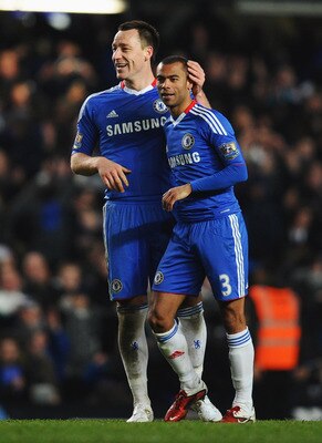 LONDON, ENGLAND - MARCH 01: John Terry (L) and Ashley Cole of Chelsea celebrate victory after the Barclays Premier League match between Chelsea and Manchester United at Stamford Bridge on March 1, 2011 in London, England.  (Photo by Clive Mason/Getty Imag