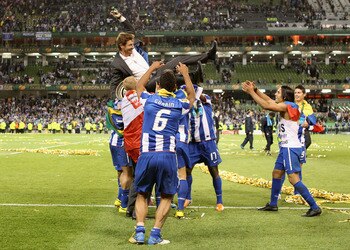 DUBLIN, IRELAND - MAY 18:  FC Porto Head Coach, Andre Villas Boas is lifted by his team after beating Braga 1-0 in the UEFA Europa League Final between FC Porto and SC Braga at Dublin Arena on May 18, 2011 in Dublin, Ireland.  (Photo by Scott Heavey/Getty